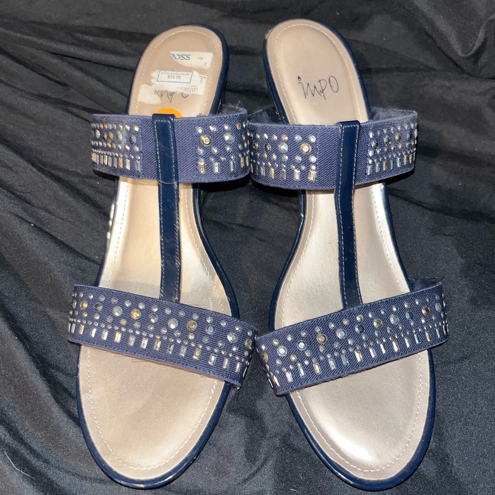 Blue bedazzled wedge heels